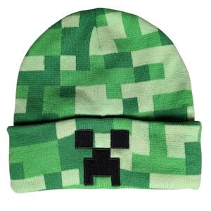 Minecraft Creeper Green Pixelated Knit Cuffed Beanie Gaming Hat RN115665